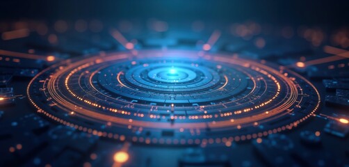 Fototapete - Abstract dark blue tech background features concentric circles, glowing orange lines. Complex data points create futuristic interface design. Dynamic elements suggest digital innovation concept.