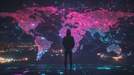 Hacker are planning to hack and attack networks and cyber security systems.team people innovation connection of line from nail node to node on map background , networking concept