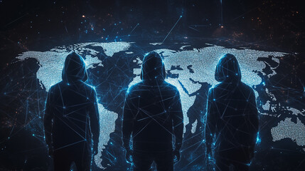 Hacker are planning to hack and attack networks and cyber security systems.team people innovation connection of line from nail node to node on map background , networking concept