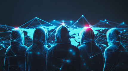 Hacker are planning to hack and attack networks and cyber security systems.team people innovation connection of line from nail node to node on map background , networking concept