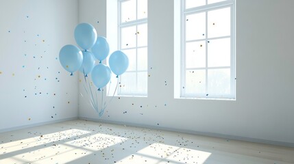 Poster - Light-blue balloons and confetti in a bright minimalist room.
