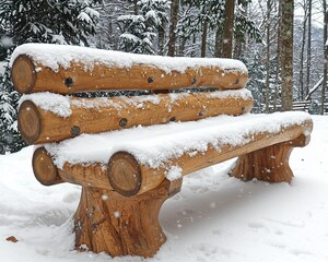 Sticker - Snow-covered wooden bench in winter forest.