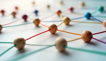 Fototapete - Abstract illustration of network connection concept. Colorful strings connect light beige wooden beads on white background. Visualizes interconnections, connections between elements. Design