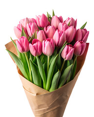 Wall Mural - elegant bouquet of pink  tulips wrapped in craft paper,  soft focus isolated on the transparent background