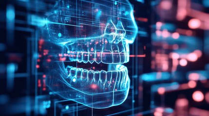 Fototapete - Digital skull X-ray with glowing circuit board background.