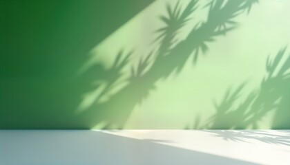 Aufkleber - Empty studio interior with light green wall, pale floor. Sunlight casts soft shadows of leaves on wall. Ideal for product presentations advertising. Minimalist style, summer vibe. Blank space perfect