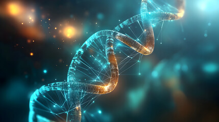 Poster - Abstract DNA Double Helix Structure Digital Art Futuristic Science Technology Background Medical Genetic Research Illustration Design Modern Elegant Teal Gold  