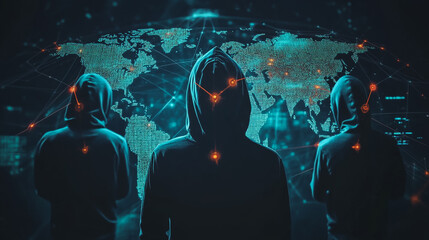 Hacker are planning to hack and attack networks and cyber security systems.team people innovation connection of line from nail node to node on map background , networking concept