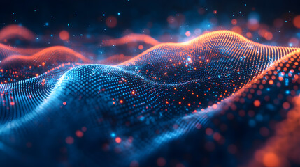 Poster - Abstract Blue Orange Digital Wave Particle Background Texture Design Modern Futuristic Technology Data Network Connection Visualization Illustration Graphic 3D 