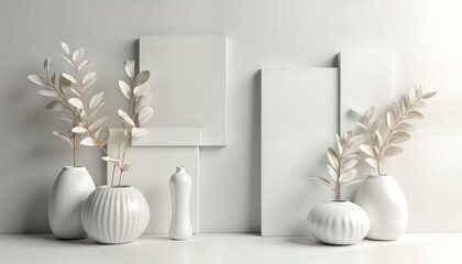 Poster - White minimalist decor with simple vases, leaves. Modern art, plant design. Clean lines, neutral tones. Stylish, elegant home, office decoration. Abstract wall art with leaf motifs. Minimalist