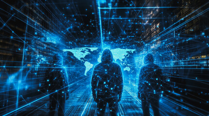Hacker are planning to hack and attack networks and cyber security systems.team people innovation connection of line from nail node to node on map background , networking concept