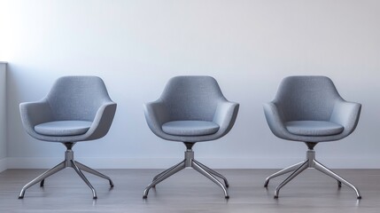 Poster - Three grey fabric chairs with metal legs in a row against a white wall.
