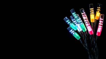 Poster - Colorful LED string lights on black background.