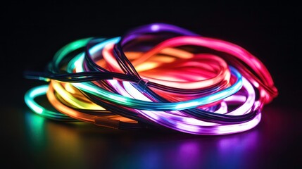 Poster - Colorful glowing EL wire tangled in a dark setting.