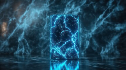 Poster - Futuristic phone with glowing blue energy design on dark marble background.