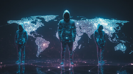 Hacker are planning to hack and attack networks and cyber security systems.team people innovation connection of line from nail node to node on map background , networking concept