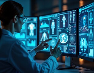 Aufkleber - Medical tech analyzes patient data on futuristic computer screens. Woman doctor examines multiple displays. Visualizations show medical diagnostics, treatment options. Advanced technology, innovation