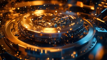 Poster - Complex circular device with glowing microchip spinning and radiating golden light and sparks, showcasing advanced technology and futuristic design