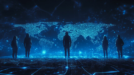 Hacker are planning to hack and attack networks and cyber security systems.team people innovation connection of line from nail node to node on map background , networking concept