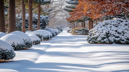 Canvas Print - Snow-covered pathway between shrubs and trees.