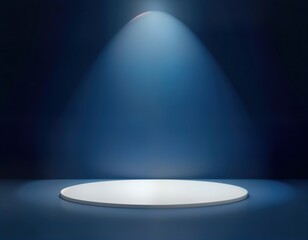 Aufkleber - Empty white platform in dark blue studio. Spotlight highlights central area. Minimalist design. Suitable for product presentation. Modern backdrop. Clean, pro aesthetic. High tech style. Tech