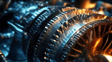Poster - Close-up of intricate metallic engine components, showcasing complex gears and turbine blades with warm and cool lighting.