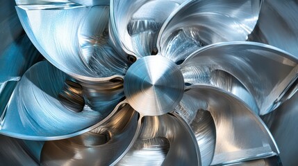 Poster - Close-up of a metallic turbine with swirling blades, reflecting light.