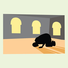 Poster - Illustration of a Muslim man praying in front of a mosques in a flat style. prayer room icon. Suitable for use as a sign in the prayer room in a public area or on brochures