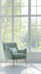vertical photo of a light green armchair in front of a bright white window with a spring landscape v