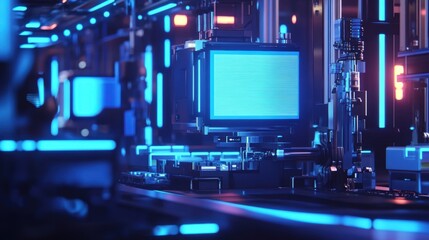 Poster - complex machinery is assembling microchips on a futuristic production line, illuminated by vibrant b