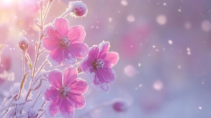 Poster - Pink flowers covered in frost with snowflakes falling in soft sunlight.