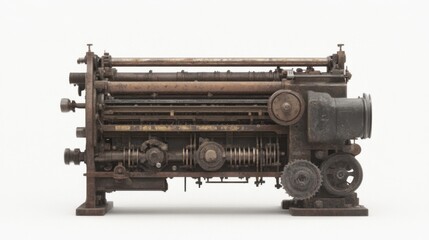 Rusty vintage industrial machine on white background.