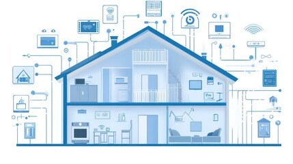 Poster - Smart home technology illustration showing interconnected devices within a house.