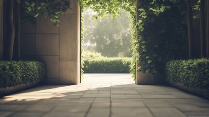 Wall Mural - Sunlit stone pathway leads to a lush green garden through an ivy-covered archway.