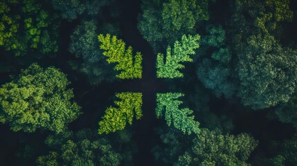 Poster - Aerial view of a forest with a cross-shaped clearing.