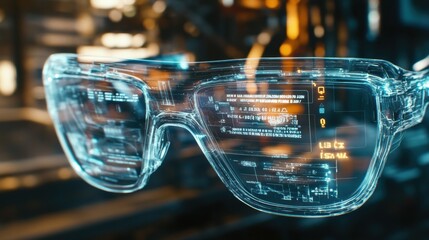 Poster - Futuristic transparent glasses displaying augmented reality data and information, seamlessly merging digital content with the real world for enhanced interaction and perception