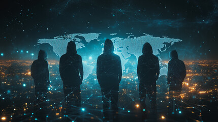 Hacker are planning to hack and attack networks and cyber security systems.team people innovation connection of line from nail node to node on map background , networking concept
