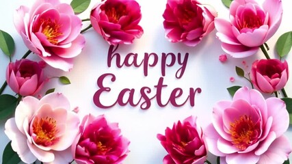Wall Mural - Happy Easter banner with a bunch of pink flowers blooming on white background