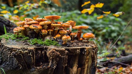Poster - Mushrooms and fungi thrive on tree stump in serene forest, with vibrant orange caps and lush green moss, embodying beauty of autumn and natures growth on wood.