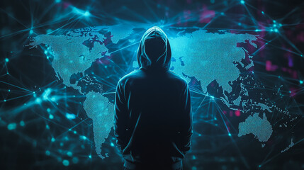 Hacker are planning to hack and attack networks and cyber security systems.team people innovation connection of line from nail node to node on map background , networking concept