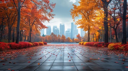 Wall Mural - Urban square adorned with autumn foliage, presenting a seasonal cityscape with fall colors and a serene urban park atmosphere, capturing natural beauty and contemporary style in vibrant colors 