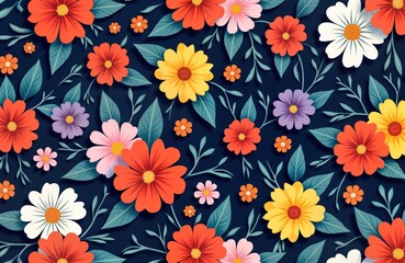 Leinwandbilder - Colorful floral pattern with various flowers and leaves on a dark background. Vibrant colors evoke a summery atmosphere. Ideal for textile designs or wall decor.