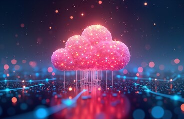 Fototapete - Futuristic cloud computing illustration. Pink glowing cloud represents digital data storage on modern network. Connections, data flow appear as vibrant lines. Illustration tech innovation in business