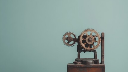 Rustic vintage gear mechanism on teal background.