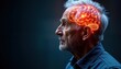 © miss irine - Senior man profile view. Brain highlighted with glowing lines on head. Visual representation of Alzheimer neurodegeneration. Cognitive decline depicted. Medical illustration. Focus on brain health.