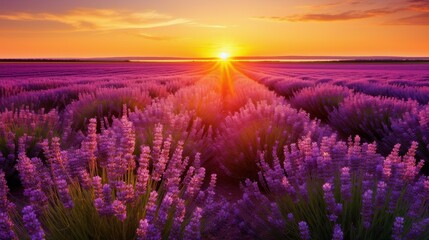 Wall Mural - Experience natures beauty with a stunning sunrise casting golden light over vibrant lavender fields in full bloom.