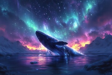 Wall Mural - ethereal cosmic whale breaching through auroralit waters its massive form silhouetted against a gala