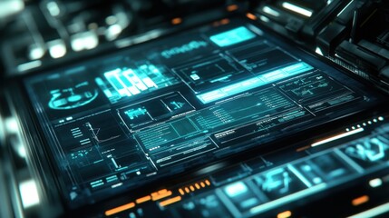 Poster - futuristic control panel featuring complex data analysis and charts, illuminated by vibrant blue lig