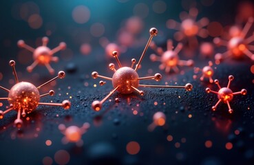 Poster - Abstract digital illustration of molecular structures. Dynamic bio tech innovation. Rose gold molecular structures glowing on dark background. Futuristic tech elements. Biotech innovation concept.