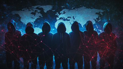 Hacker are planning to hack and attack networks and cyber security systems.team people innovation connection of line from nail node to node on map background , networking concept